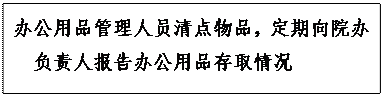 文本框: 办公用品管理人员清点物品，定期向院办负责人报告办公用品存取情况